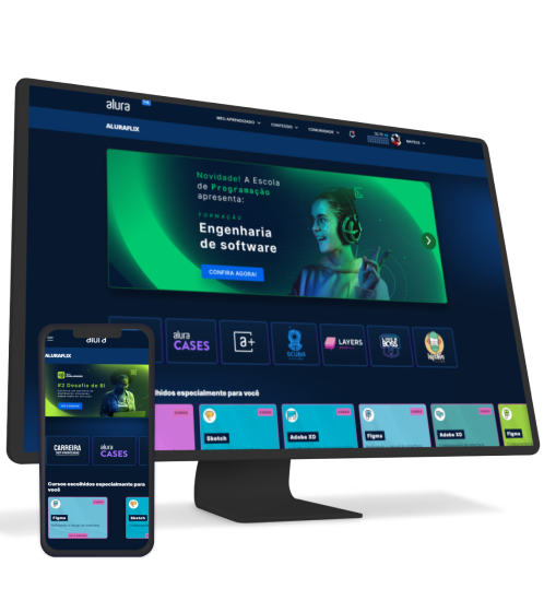 Monitor e um celular com o Alura Plus aberto